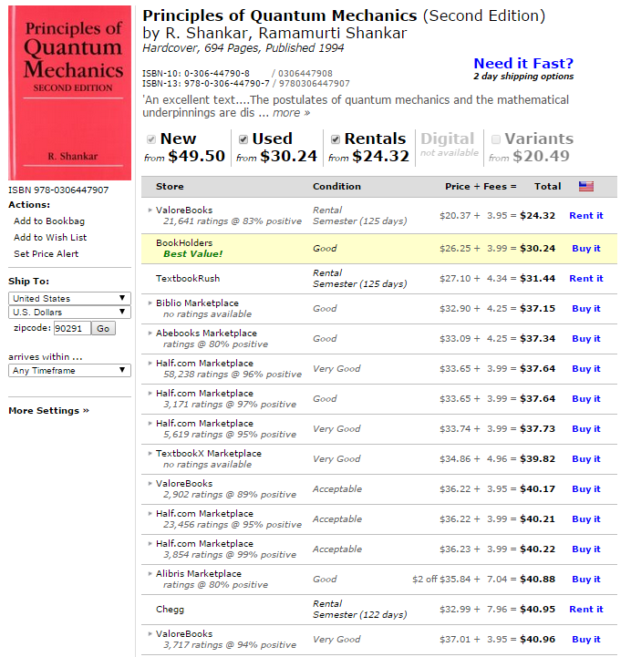 A screencapture of GetTextbook.com's search and sort functionality and layout