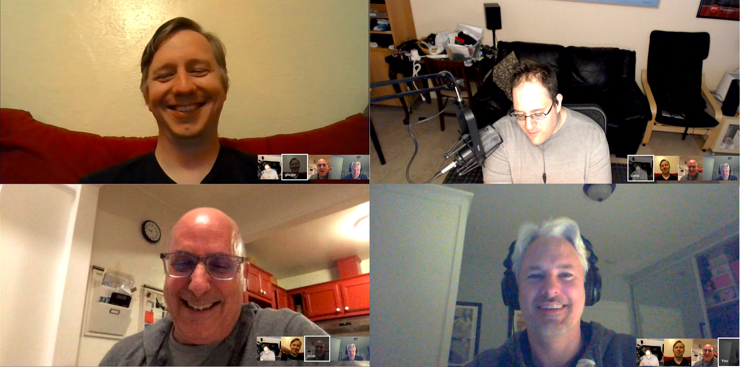 (clockwise) gRegor Morrill, David Shanske, Chris Aldrich, and Scott Gruber all on Google Hangouts at Virtual Homebrew Website club on 2019-05-15