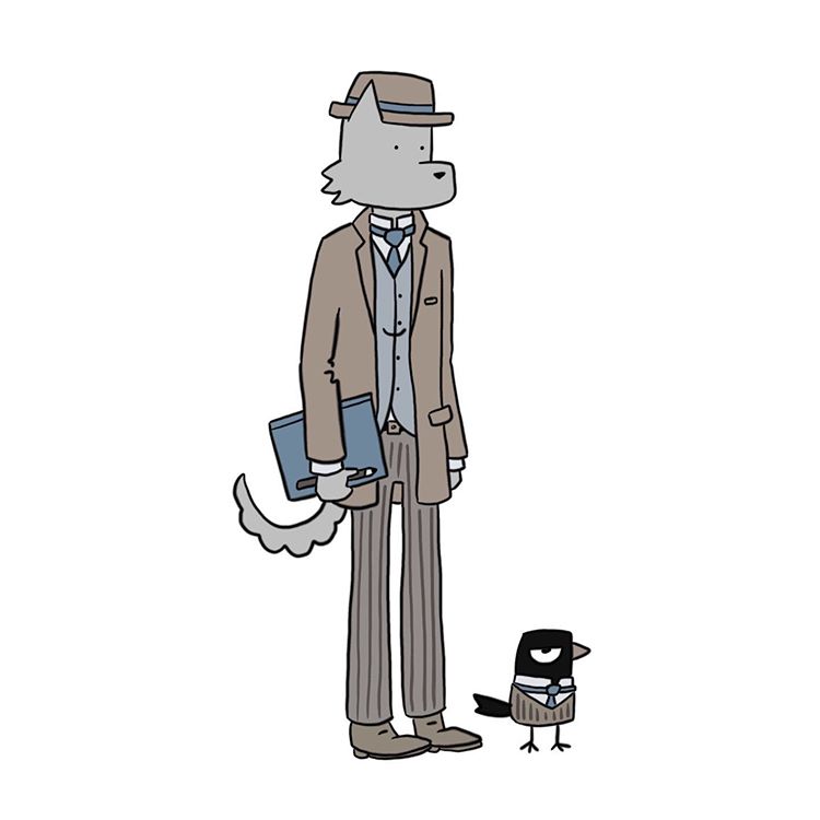 Sky Sandison cartoon drawing of a cat and bird standing up and dressed like businessmen