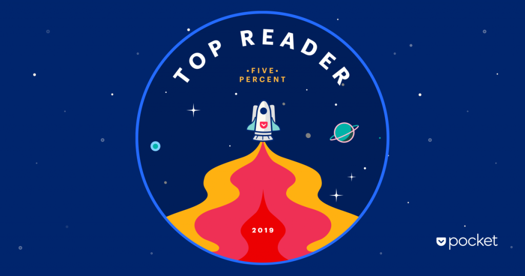 Pocket badge that reads "Top Reader - Five Percent - 2019"