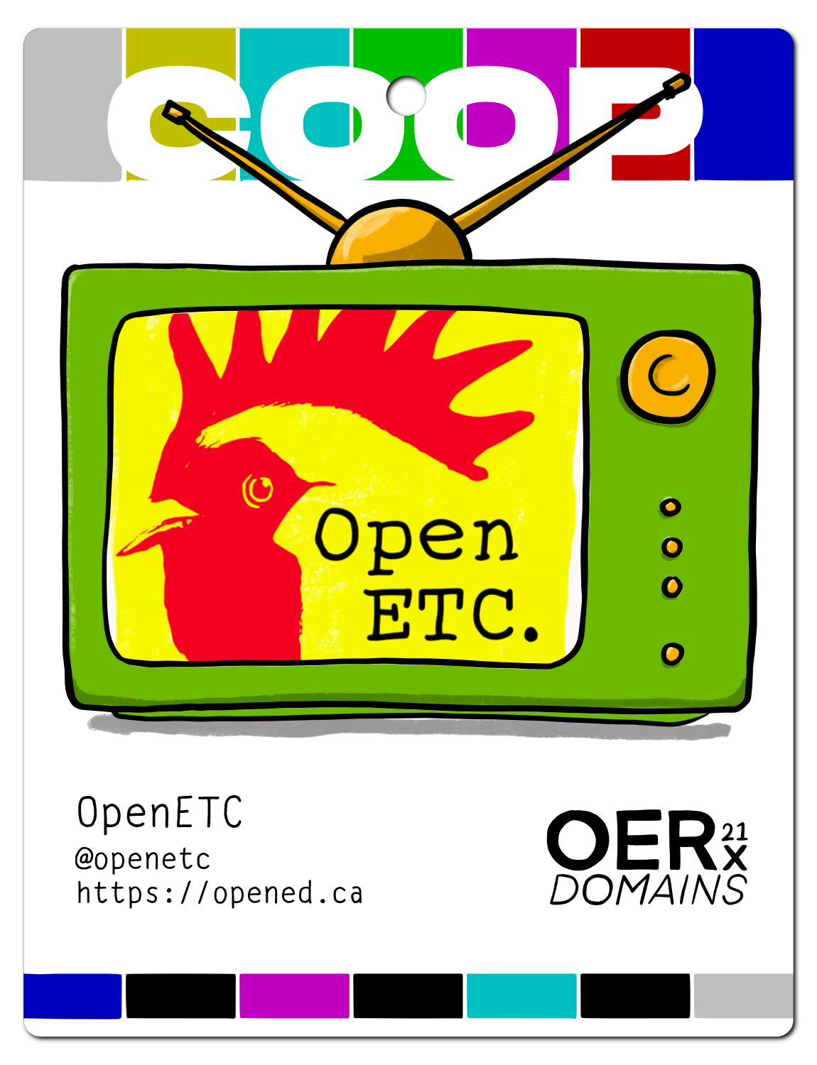 Conference badge featuring a green television with a yellow and red cartoonish chicken head