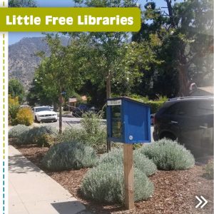 Photo clipped from the Altadena Libraries newsletter featuring a street view of the blue Little Free Library #8424 box