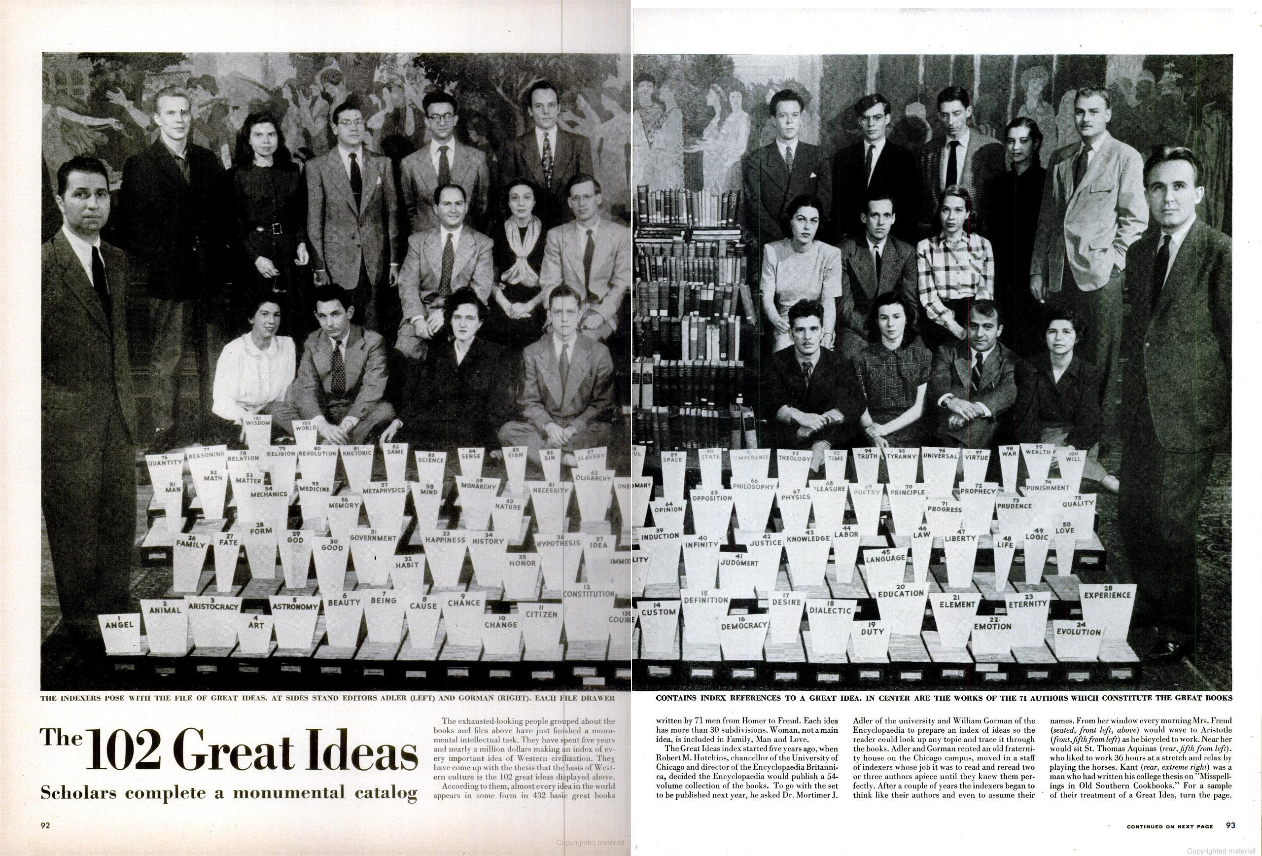 Two page spread of Life Magazine article with the title "The 102 Great Ideas" featuring a photo of 26 people behind 102 card indexes with categorized topical labels from Angel to Will.