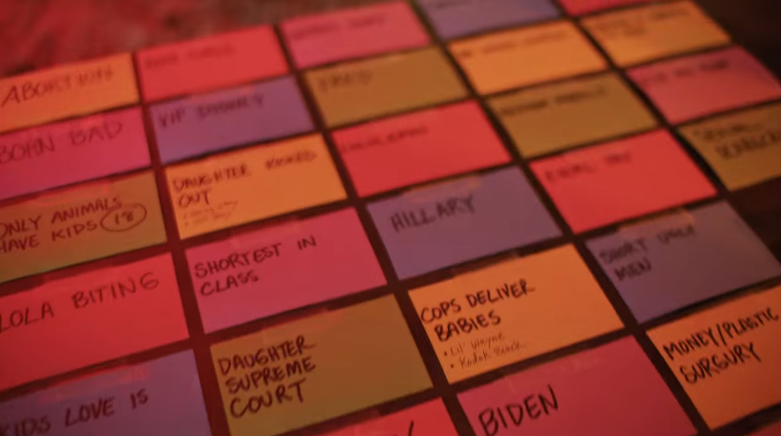 A grid of slips of colored paper with various notes written in black sharpie. Some of the headlines read: Shortest in Class, Daughter Supreme Court, Hillary, Cops Deliver Babies.