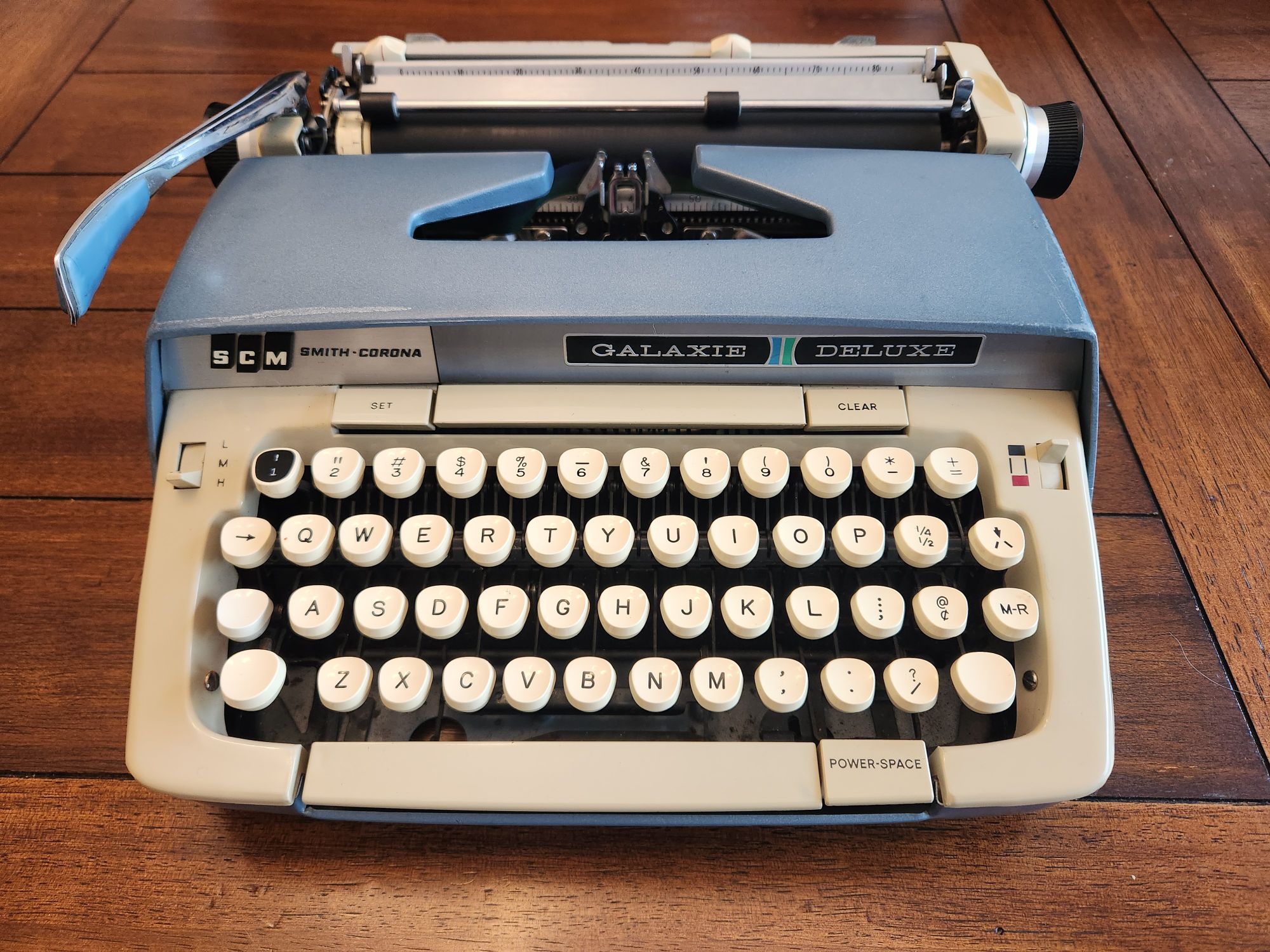 A blue late 60s/early 70s mod style Smith-Corona typewriter