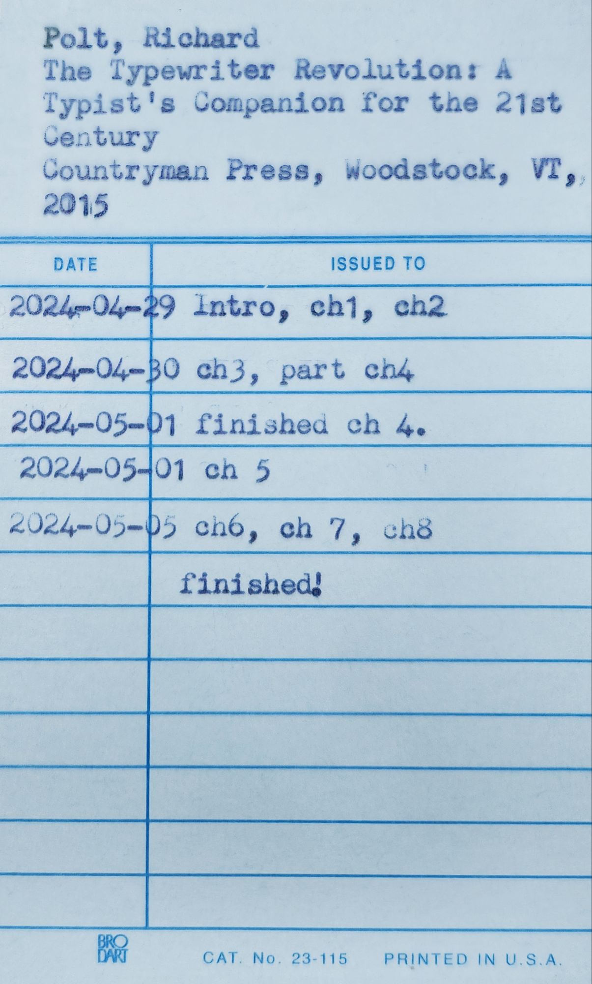 Same book card filled in with entries on April 30, May 1, and May 5th showing the finishing of Chapters 3-8.