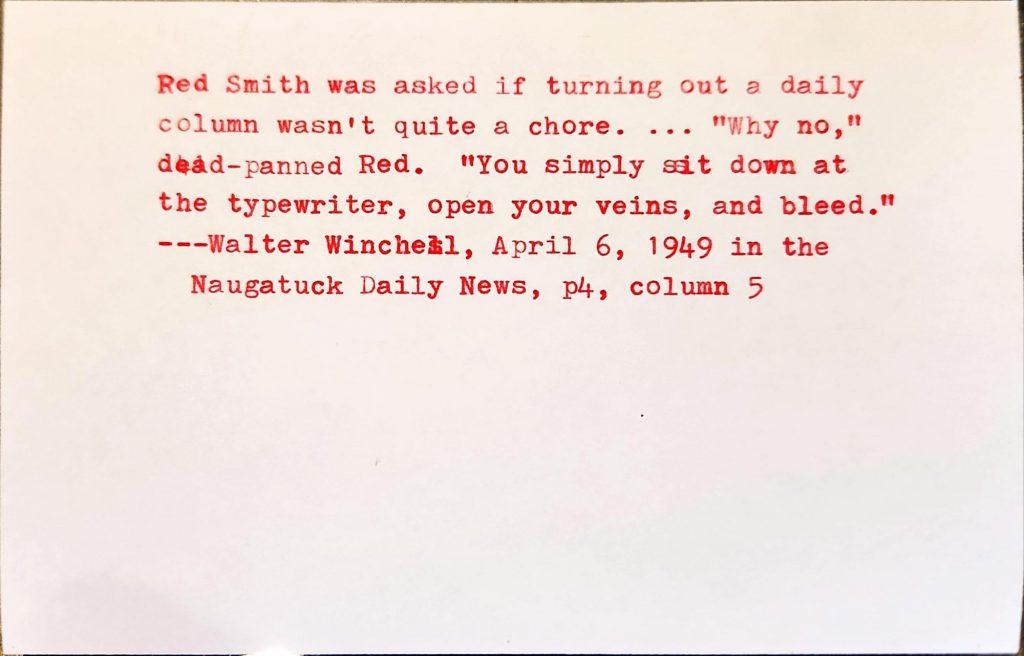Index card typed in red ink with the Red Smith quote from Winchell