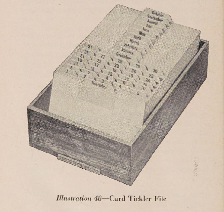 Portion of a book page featuring an image of a card catalog tray full of index cards. In the front is a tab for November followed by 1/5 cut tabs numbered 1-31 followed by tabs for the months December - October.