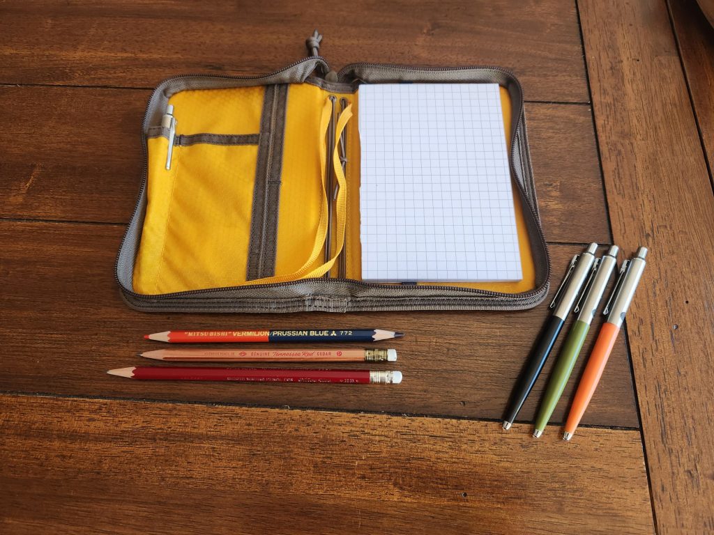 Lochby Field Folio A6 with a deck of gridded 4 x 6" index cards on the right hand side.