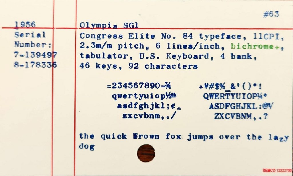 Typesample for a 1956 Olympia SG1 typewriter with a Congress Elite No. 84 typeface