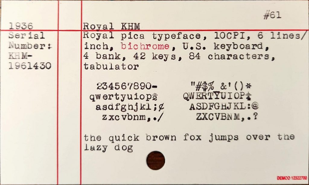 Yellow index card with red ruled lines featuring a type sample of a 1936 Royal KHM typewriter in Royal Pica typeface