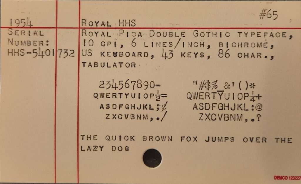 Typesample on a yellow 3x5" index card for a 1954 Royal HHS standard typewriter with a Royal Pica Double Gothic typeface.