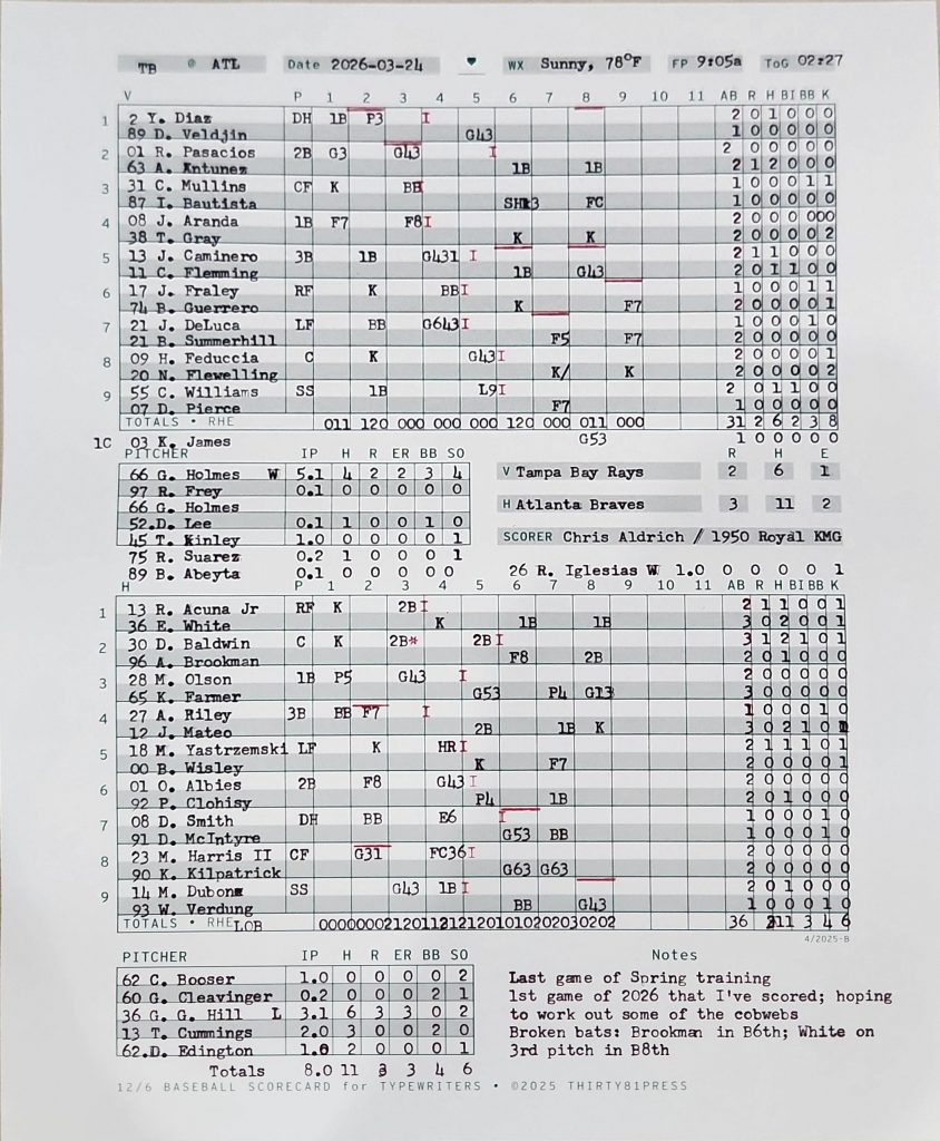 Typewritten baseball scorecard for the Tampa Bay Rays vs. Atlanta Braves from 2026-03-24. It has a minimalist stance for ease of scoring on a typewriter