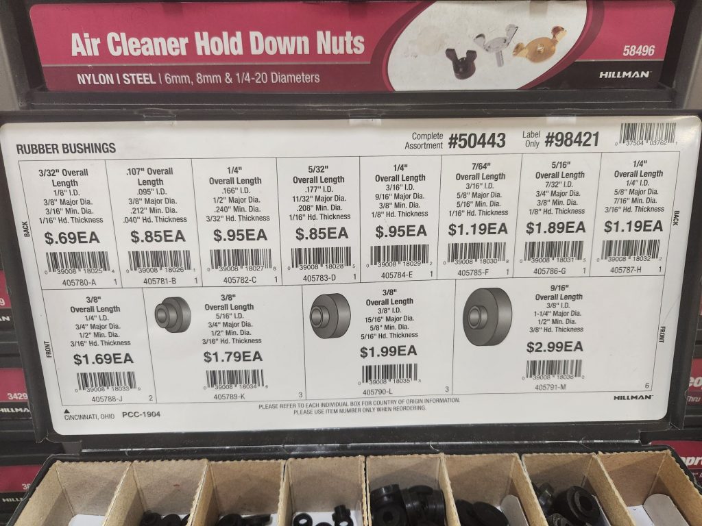 Photo of the various specifications of about a dozen rubber bushings from a display in the hardware store.