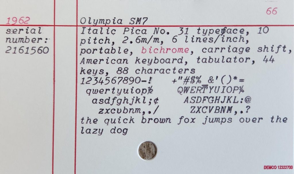 Type sample from a 1962 Olympia SM7 typewriter with a well-rounded italic typeface in 10 point pitch.