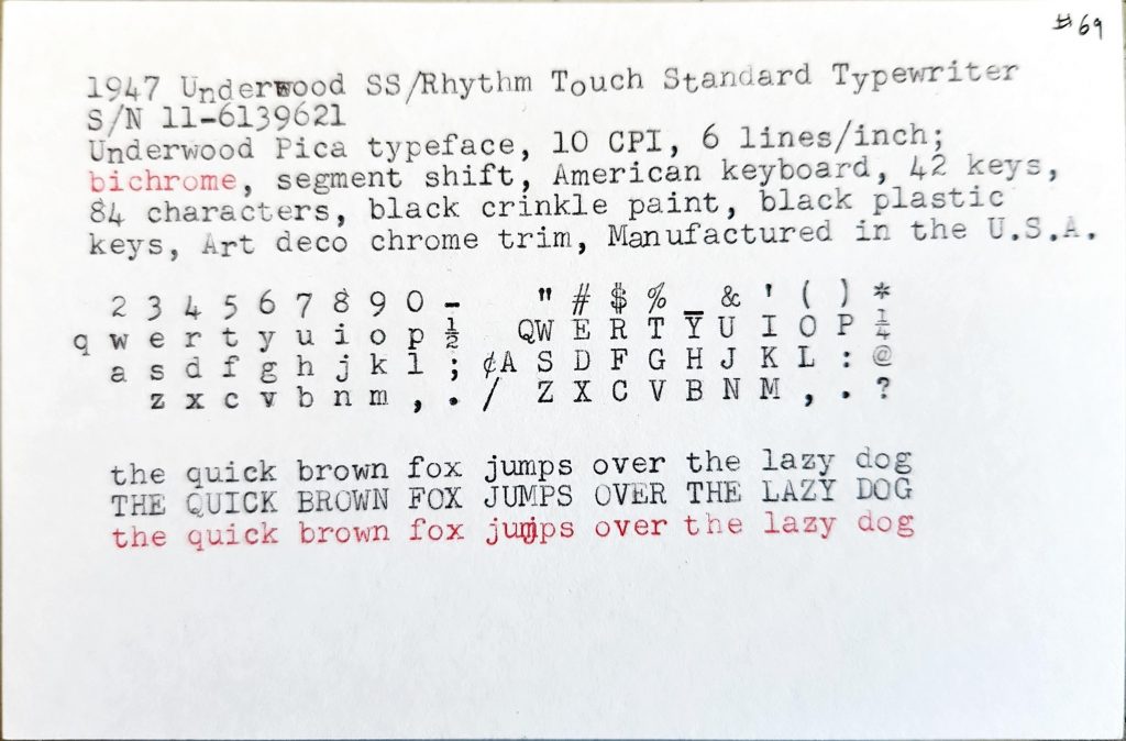 Typewritten sample of a 1947 Underwood SS standard typewriter with layouts of the upper and lower case slugs as well as the machine details and the pangram "the quick red fox jumps over the lazy dog."