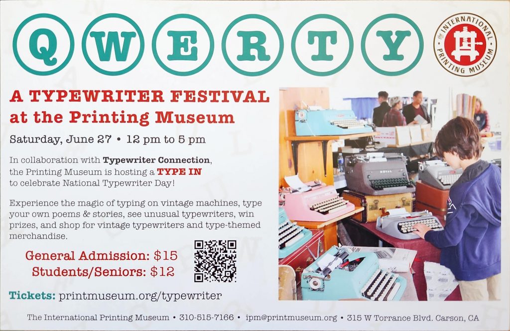 Post card advertisement for the QWERTY Typewriter Festival at the International Printing Museum on June 27th 2026