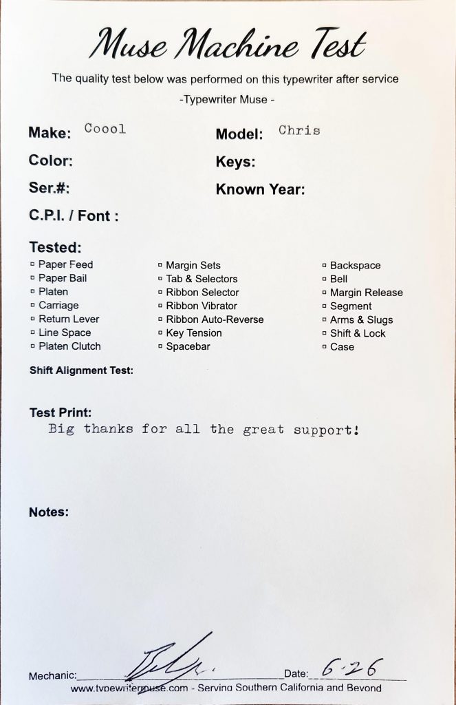 Muse Machine Test quality control sheet signed by Bob Marshall in June 2026