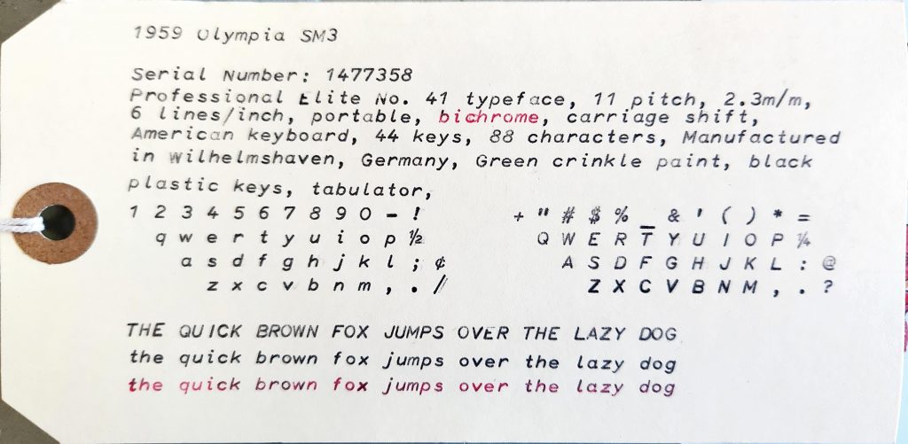 Typed manilla card with sample of a 1959 Olympia SM3 typewriter with a Professional Elite No. 41 typeface which is a small sans serif slightly italic face.
