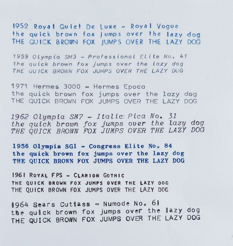 Typewriten sample of 7 typewriter typefaces  on the same page including an art deco Royal Vogue, a slightly italic, san serif and smaller Professional Elite No. 41, a san serif Hermes Epoca, a serifed Italic Pica No. 31, a blocky serifed Congress Elite No. 84, a crisp, san serif Clarion Gothic, and a computer-esque, san serif Numode No. 61.